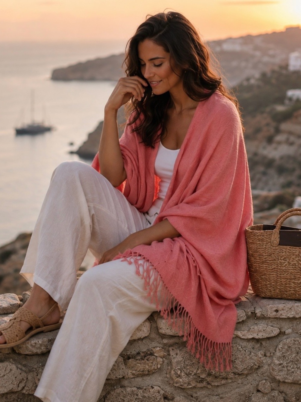 MerSea Classic Travel Wrap Sunset Pink Fringe Open Front Cape OS